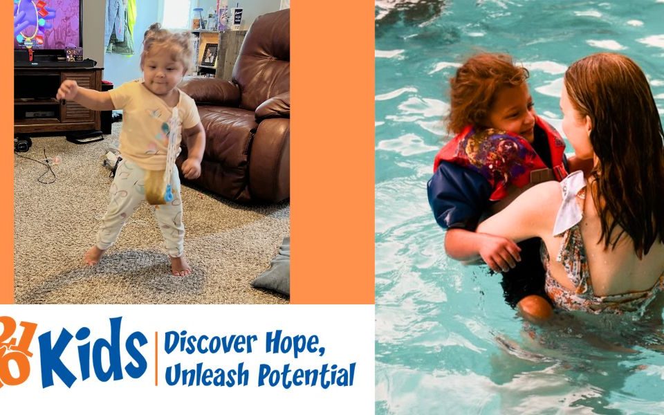 A toddler walking and in the pool with a swimming partner.